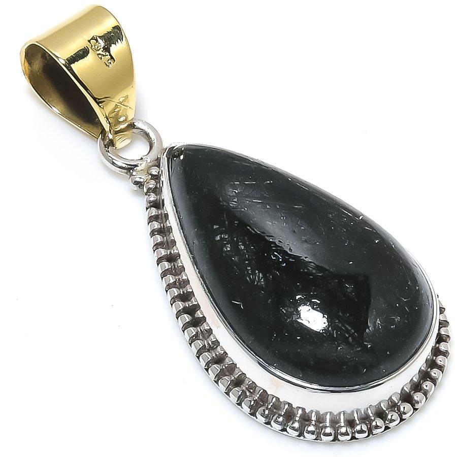Natural Black Rutile Gemstone 925 Solid Sterling Silver Gift Pendant 1.75" q9U68