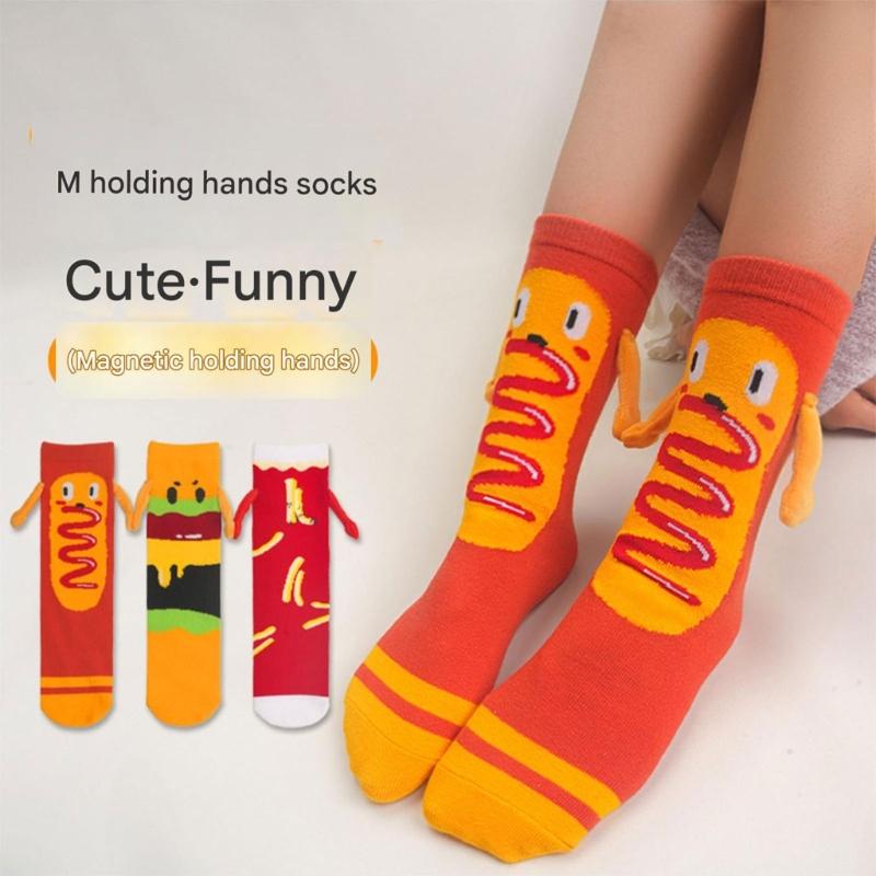 Magnetic Hand Holding Middle Calf Socks Funny Cartoon Food Themed Hamburger Hot Dogs Print Crazy Design Socks for Women