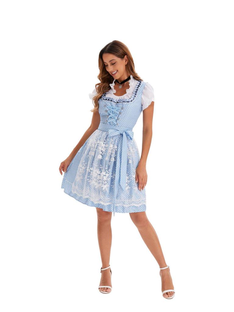 Large German Munich Oktoberfest Maid Dress - Short-Sleeved Beer Print for Stage Performance In Stock