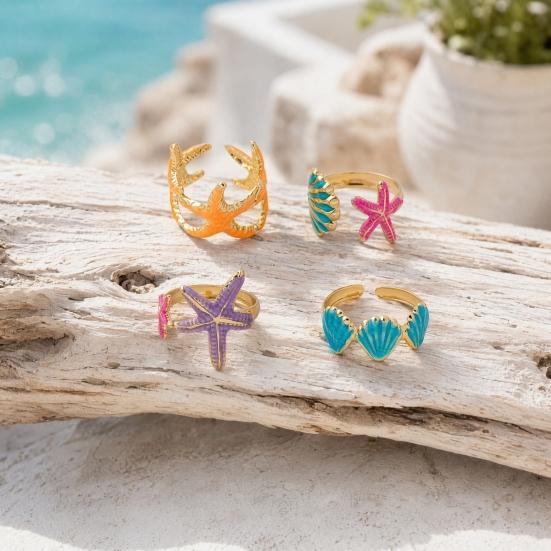 4Pcs/Set Ocean Series Ring Set, Multiple Styles Starfish Shell Design Finger Ring, Alloy Adjustable Stacking Rings for Jewelry Gift