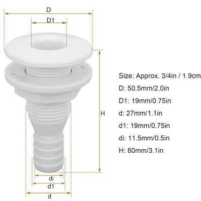 Boats Fitting Drain Scupper Thru Hull Fitting Boat Through Hull Connector 3/4in ABS Plastic Hose Coupling Drain Outlet Accessory