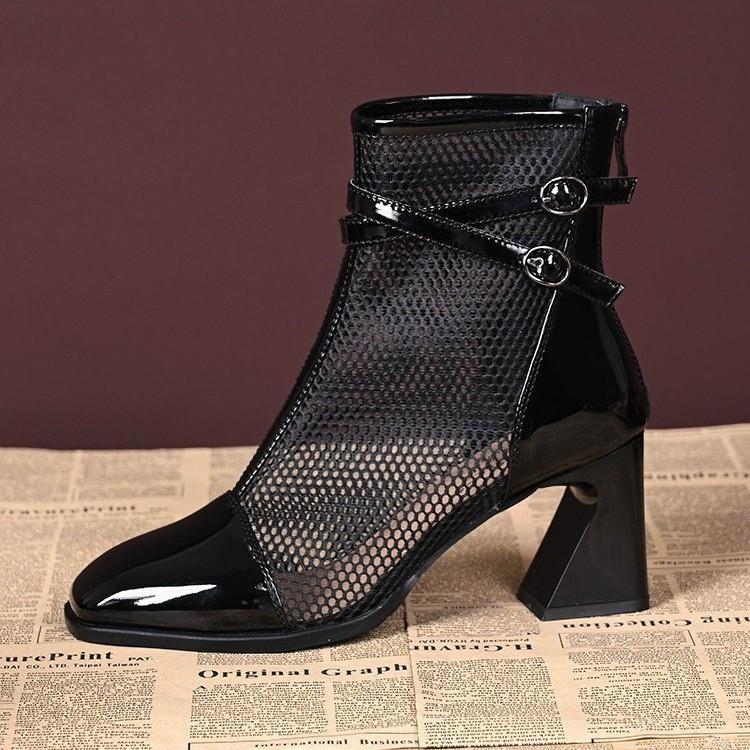 Summer New Women Mesh Boots Breathable Hollow Out Ankle Boots Leather Mid Block Heel Fashion Square Toe Sandal Booties