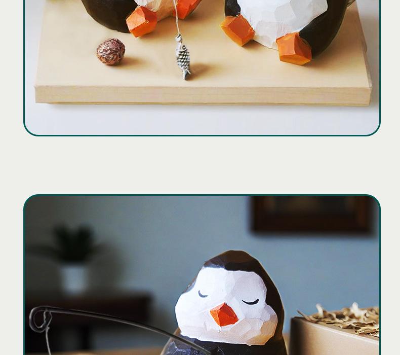 Hand-Carved Solid Wood Fishing Penguin Ornament – Cute Wooden Penguin Decoration