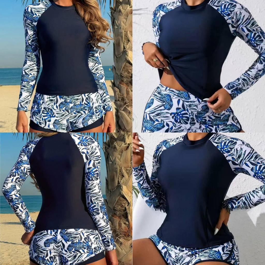 Polyester Spliced Womens Swimwear With Long Sleeve Floral Print For Surfing And Water Sports