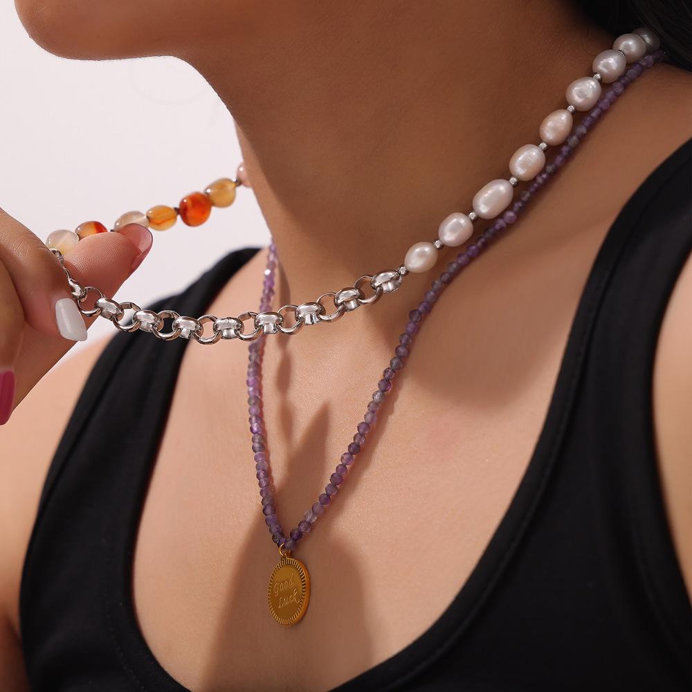 Elegant 18k Gold-Plated Titanium Necklace: Natural Stone, Pearl Beads & O-Chain