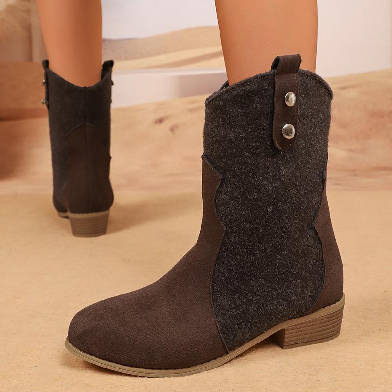 Fashion Brown Pu Leather Pleated Ankle Boots Women Plus Size 36-43 Thick Heeled Western Booties Mujer 2025 Slip On Cowboy Boots Woman