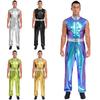 Herren glänzender metallischer ärmelloser Reißverschluss Ganzkörper-Jumpsuit Bodysuit