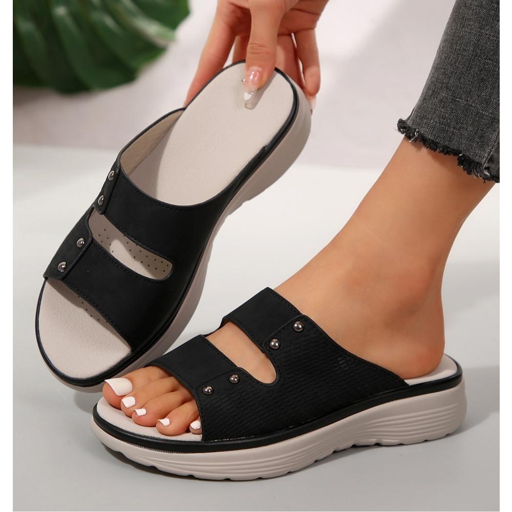 Summer Thick Bottom Slippers Women's Open Toe Solid Colour Casual Shoes Retro Round Head Non-slip Wedges Sandals