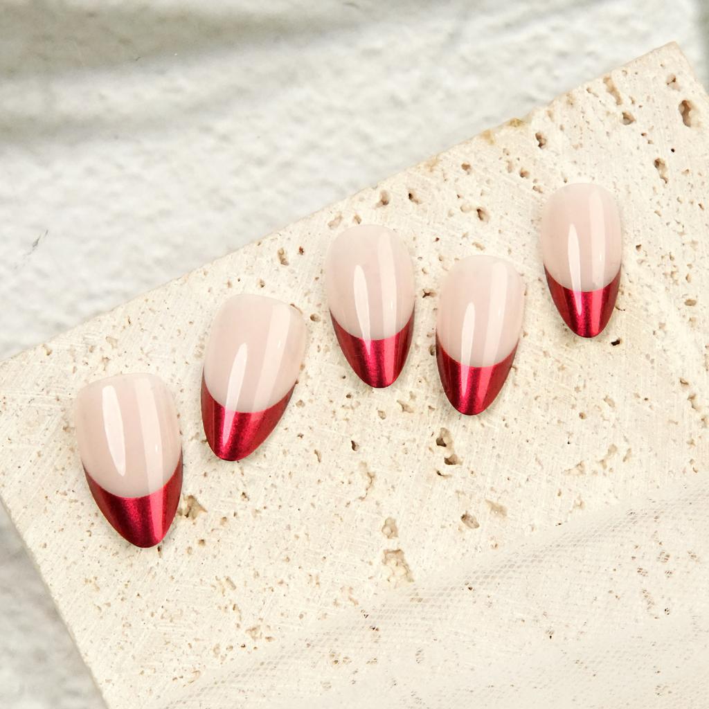 French Red Wearable Nail Finished Short Almond Nail Aurora Effect European and American Fake Nails Sweet