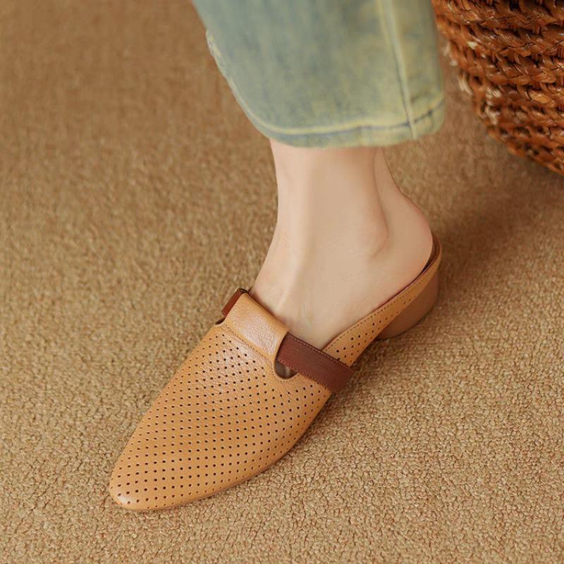 French Breathable Hollow Bag Head Half Slippers Women's 2025 New Summer Soft Leather Round Head Sandals Lazy Low Heel Muller Shoes