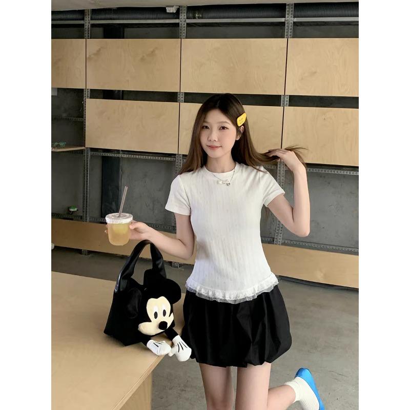 Style Lace Splicing Right Shoulder Short-sleeved T-shirt for Women Summer New Design Versatile Slim Slimming Top Trendy