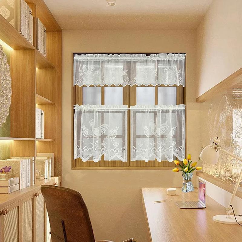 3Pcs/Set Jacquard DIY Lace European Coffee Curtain White Knitted Kitchen Translucent