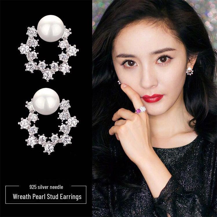Trendy S925 Silver Flower Wreath Stud Earrings with Pearls