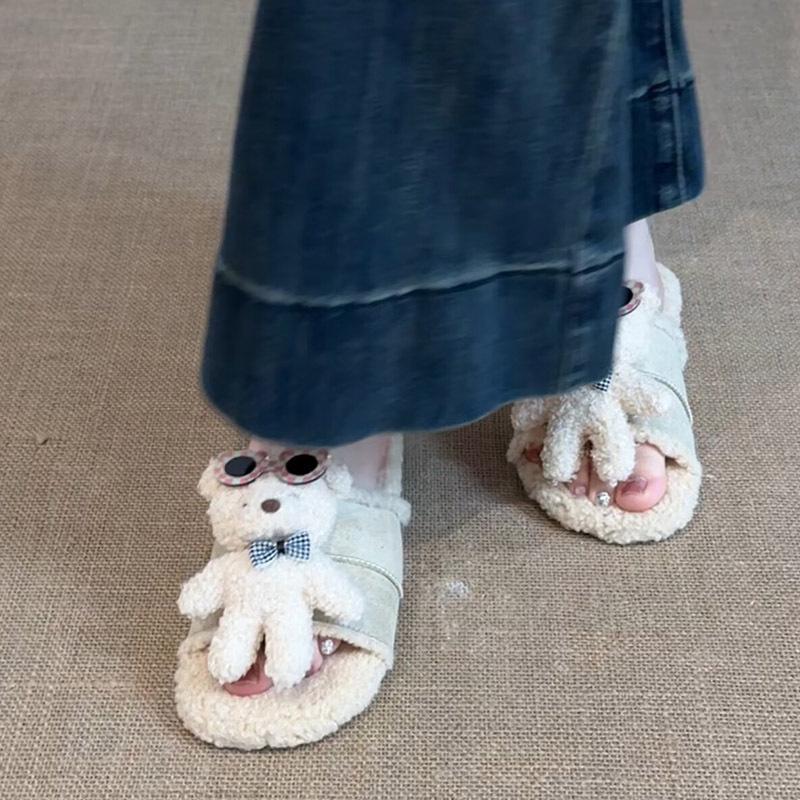 Bear casual fluffy shoes women's 2025 autumn and winter fashion three-dimensional cute cartoon outer wear versatile one-word cotton slippers
