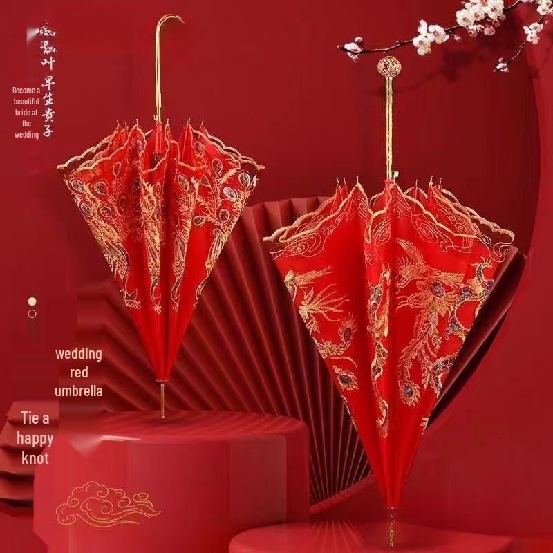 Eleganter roter Brautschirm mit gestickter Spitzkante und langem Griff für Hochzeiten