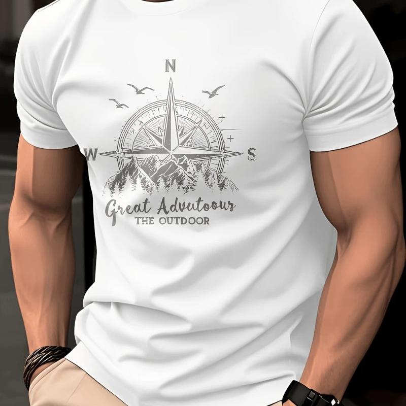 Men's Summer Short Sleeve T-Shirt Vintage Compass Pattern Design Fashionable Elegant Top Breathable Round Neck Men's Clothing