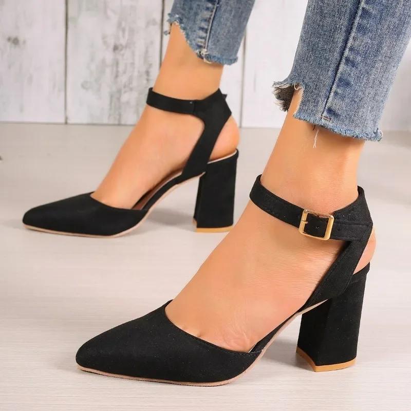 Fashion 2024 High Quality Ladies Shoes Ankle Strap Women's Pumps Autumn Pointed Toe Buckle Solid Dress Chunky Heels Large Size Shoes