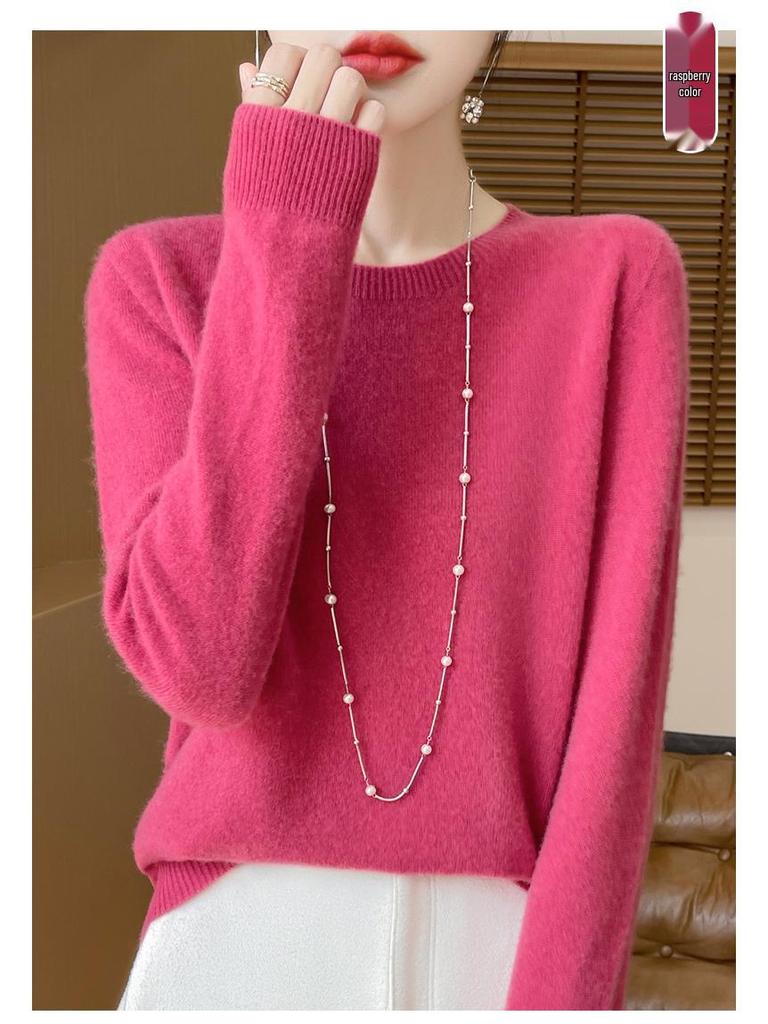 Damski sweter dzianinowy z okrągłym dekoltem na jesień/zimę 2024, 100% czysta wełna