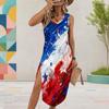 Women Plus Size U Neck Sleeveless White Printed Tank Midi Dress High Side Slit Curved Hem