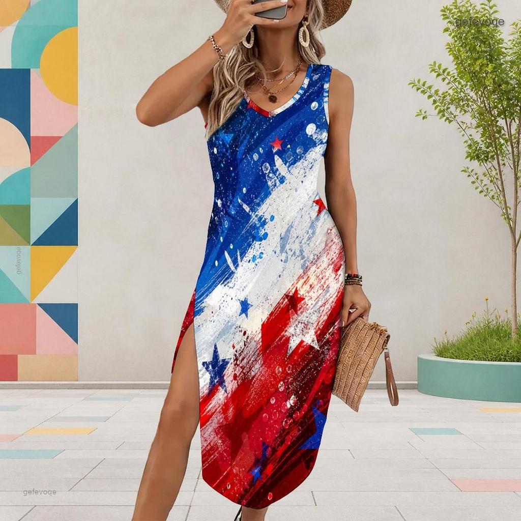 Women Plus Size U Neck Sleeveless White Printed Tank Midi Dress High Side Slit Curved Hem