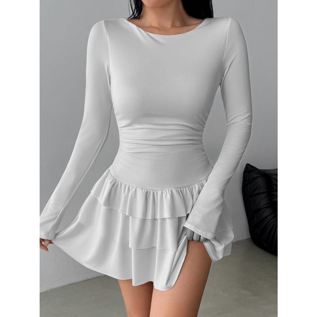 Women's Round Neck Long Sleeve Mini Dress Slim Fit Mid Waist Elegant Tiered Cake Dress