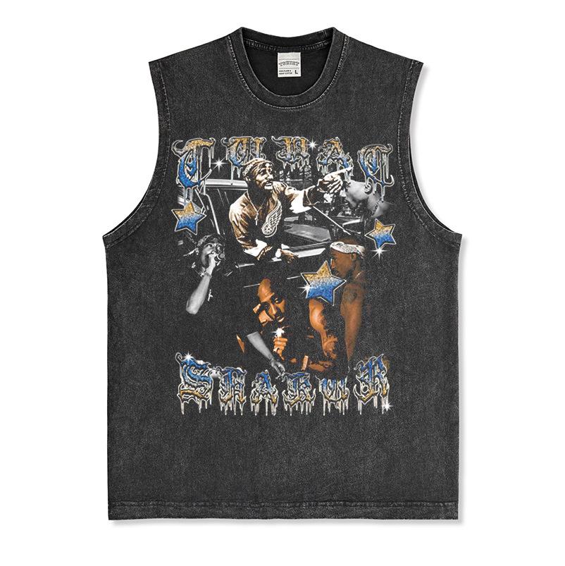 Canotta Senza Maniche Tupac Grafica Retro High Street Cotone Pesante