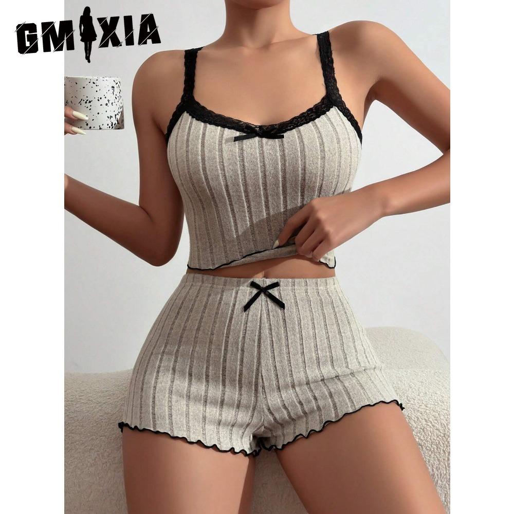 

GMXIA Стрейчевая пижамаЖенский кружевной топ-майка с шортамиИскусственный хлопок с присборкойПолосатая домашняя одежда S бежевый