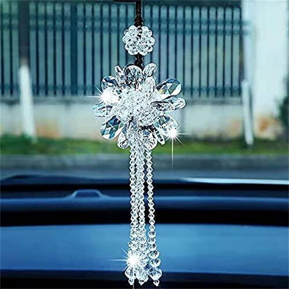 Car Pendant Mirror Crystal Hanging Ornament Interior Crystal Bag Mirror Pendant Decoration, Charm, Decoration, Accessory, (White)
