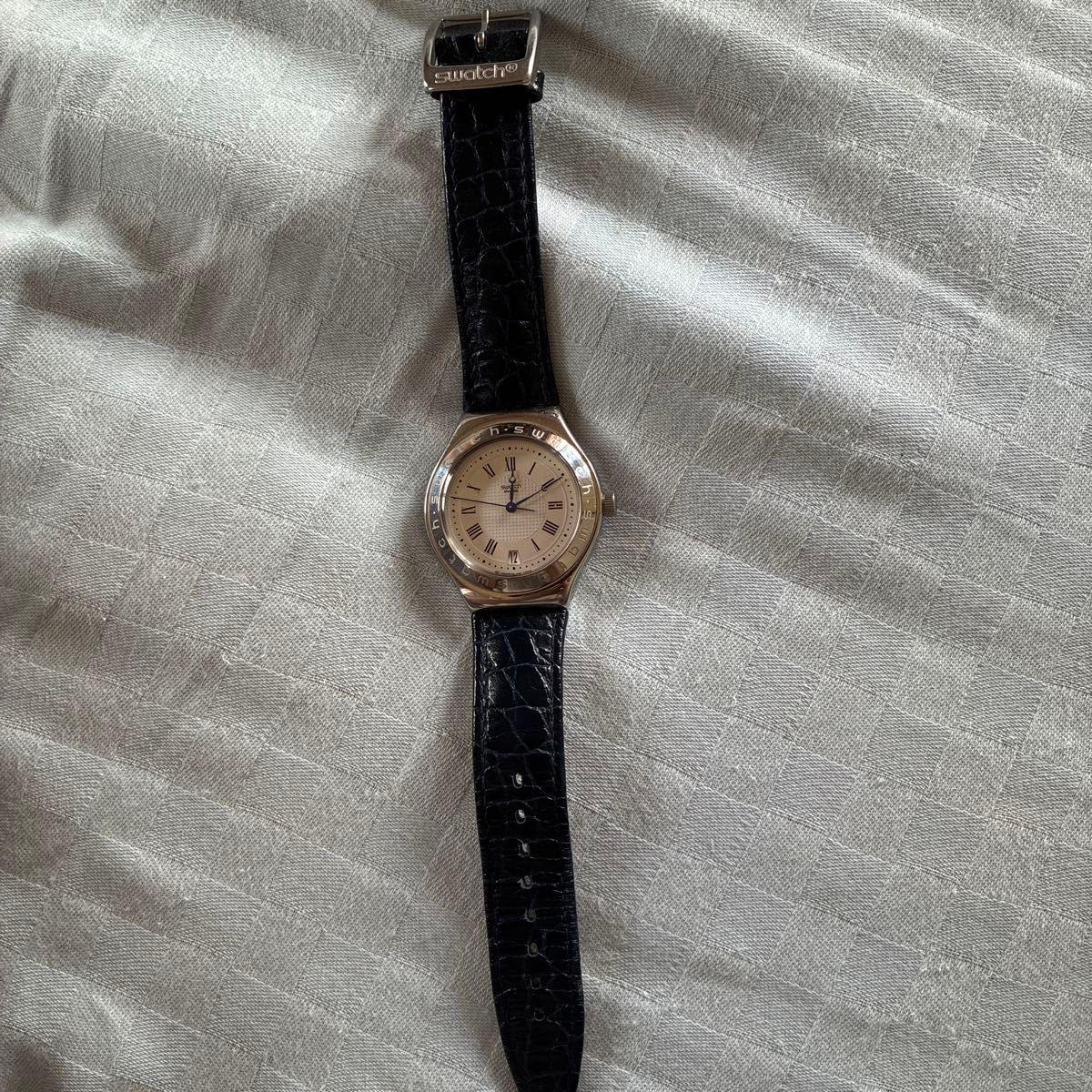 Used Swatch SWATCH watch quartz black leather belt