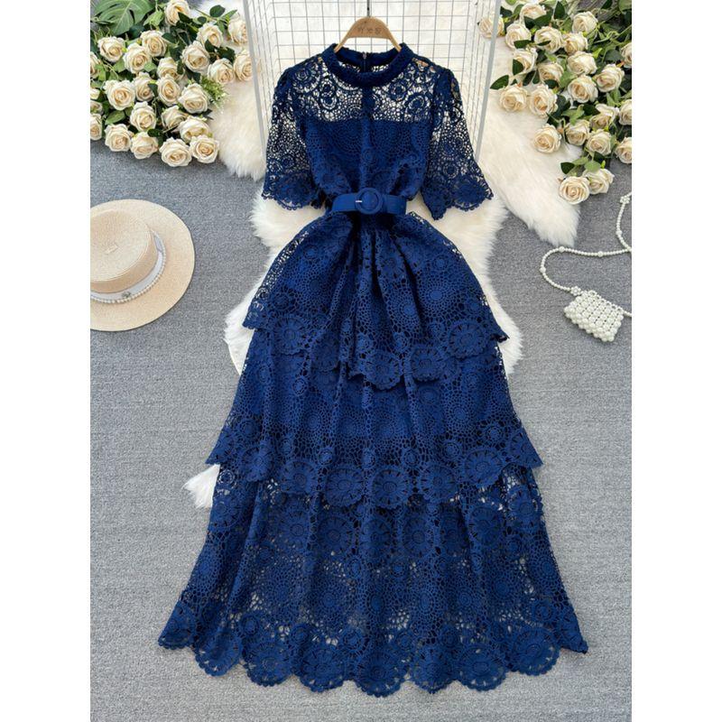 Ladies Single-Breasted Water Soluble Lace Dress Short Sleeve