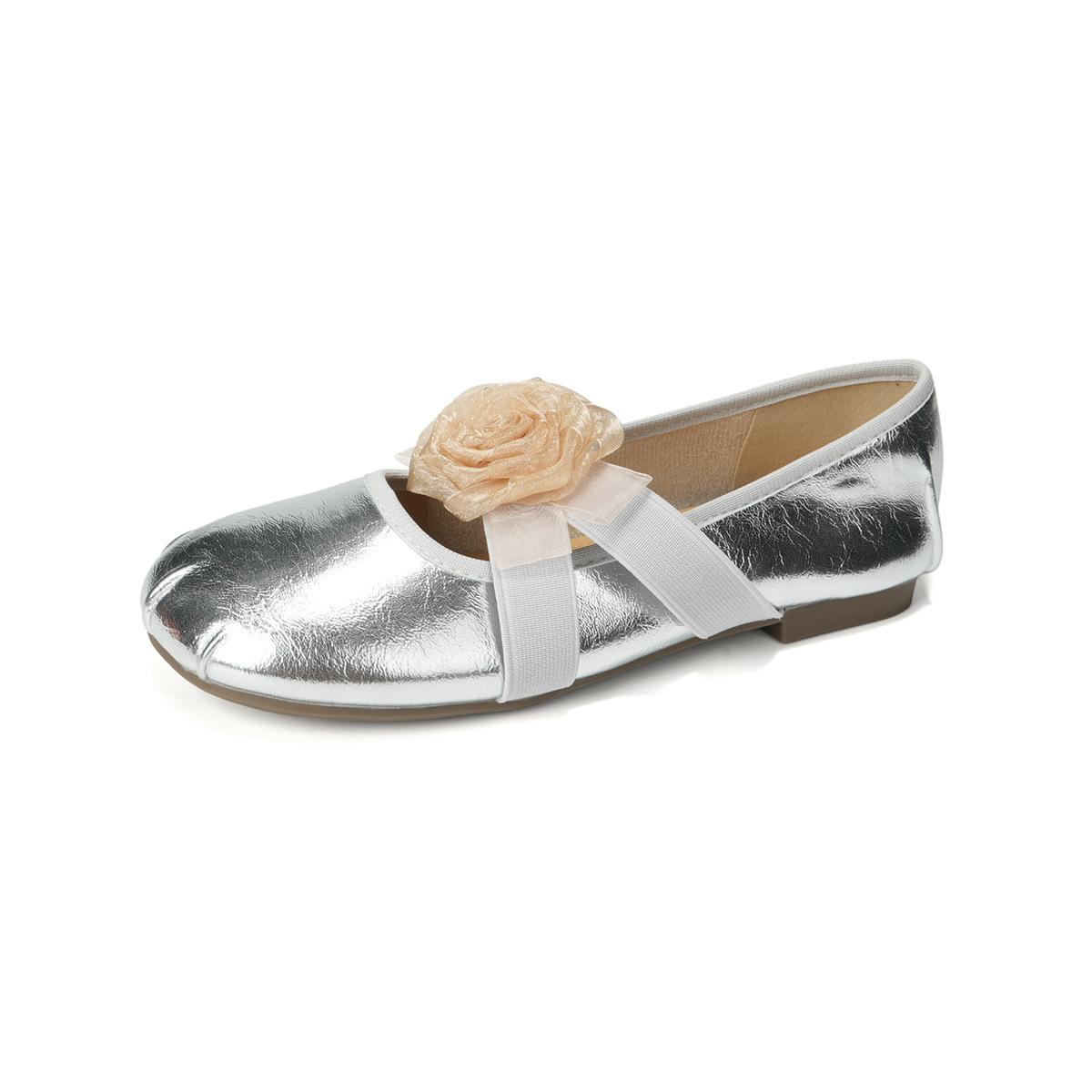 

French round head flower pleated flat shoes fairy style ballet shoes with skirt lazy one pedal Mary Jane shoes 35 серебряный