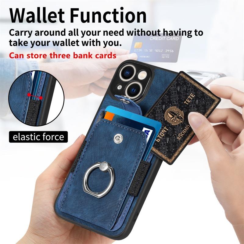 Retro Metal Ring Car Mount Magnetic Card Holder Pu Leather Phone Case For Iphone 18