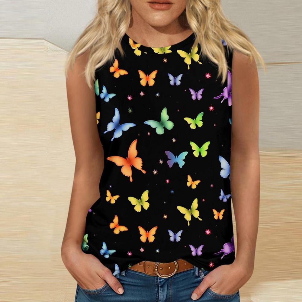 Women's butterfly 3D printed sleeveless T-shirt, round neck off shoulder casual vest, elegant Y2K sleeveless top, T-shirt, women's clothing