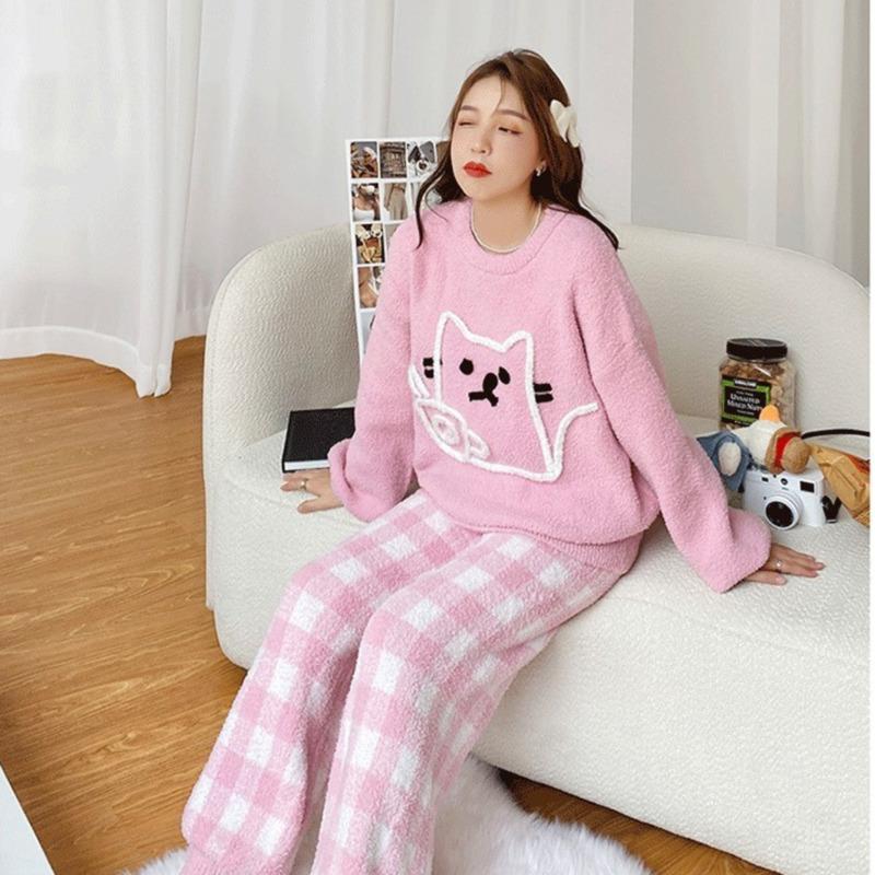 Wearing Soft Pajamas Women's Autumn and Winter Sweet Japanese Style Fleece-lined Thickened Cartoon Cat Two-Piece Home Clothes