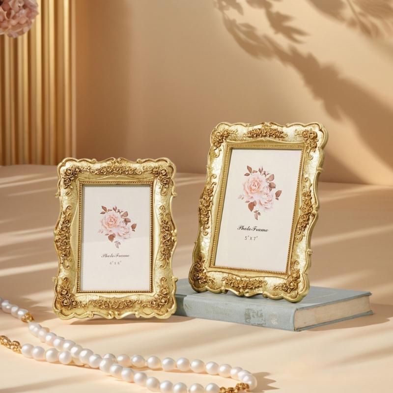 Antique Gold Carved Picture Frame With Ornate Florals Embossed For Wall Hanging Or Tabletop Decoration Photo Display