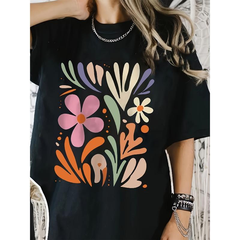 

Женская яркая футболка с цветочным принтом, европейский размер | Повседневная, с круглым вырезом, коротким рукавом, мягкая, белая с разноцветным дизайном цветов и листьев S чёрный
