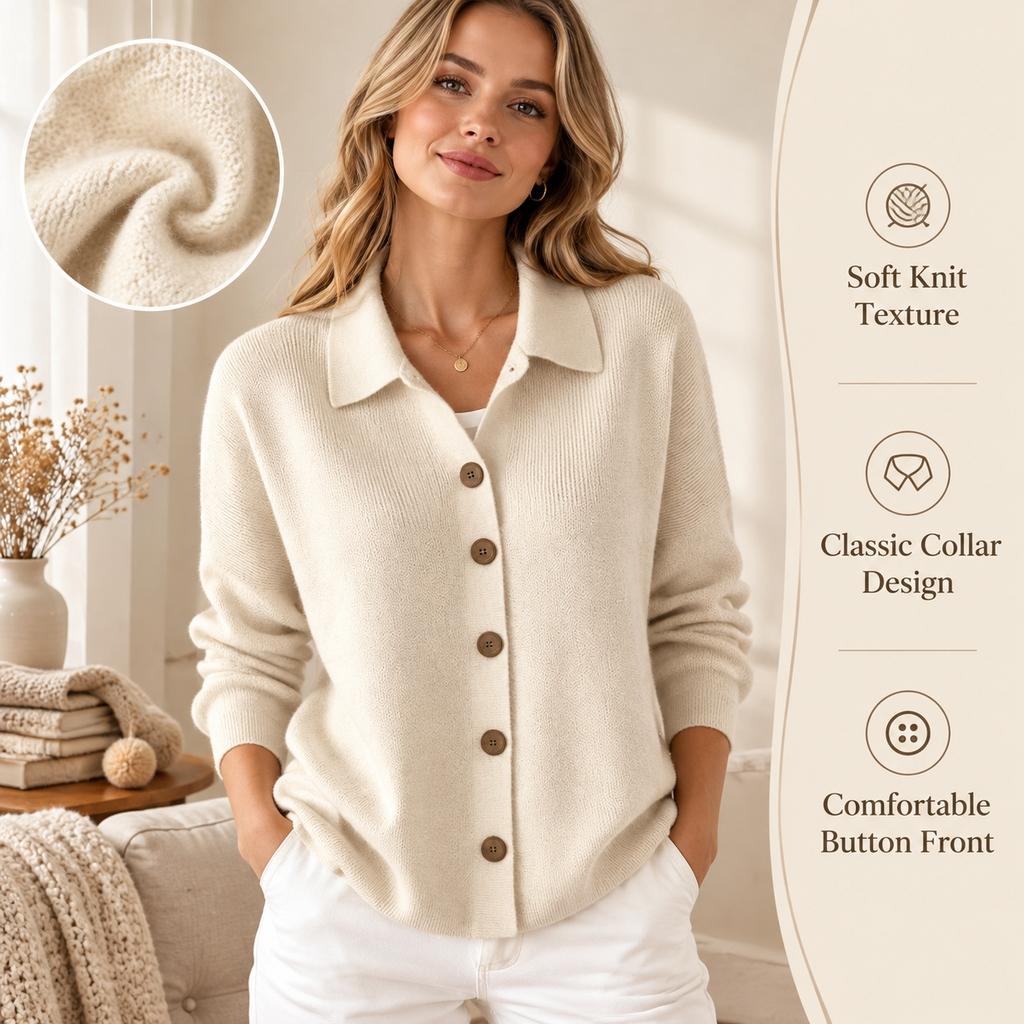 Western Standard Size Women'S Autumn Winter Premium Elegant Casual Soft Pullover Lapel Cardigan Sweater Women