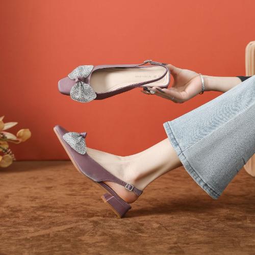 Women's French Crystal Embellished Chunky Heel Purple Sandals Open Back Square Toe Bow Summer Shoes