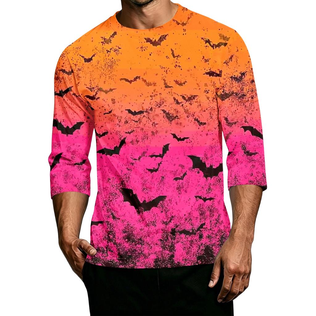 Men's Casual Halloween Print Crew Neck T Shirt Three Quarter Sleeve Top Comfortable Fit Lightweight Fabric Stylish Design