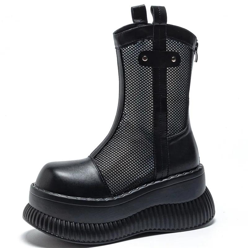 

Модные 8 см Ботинки из натуральной кожи с сеткой, женские туфли-лодочки, летние мотоциклетные ботинки-чулки, ажурные ботильоны на щиколотке на молнии, модная обувь 40 чёрный