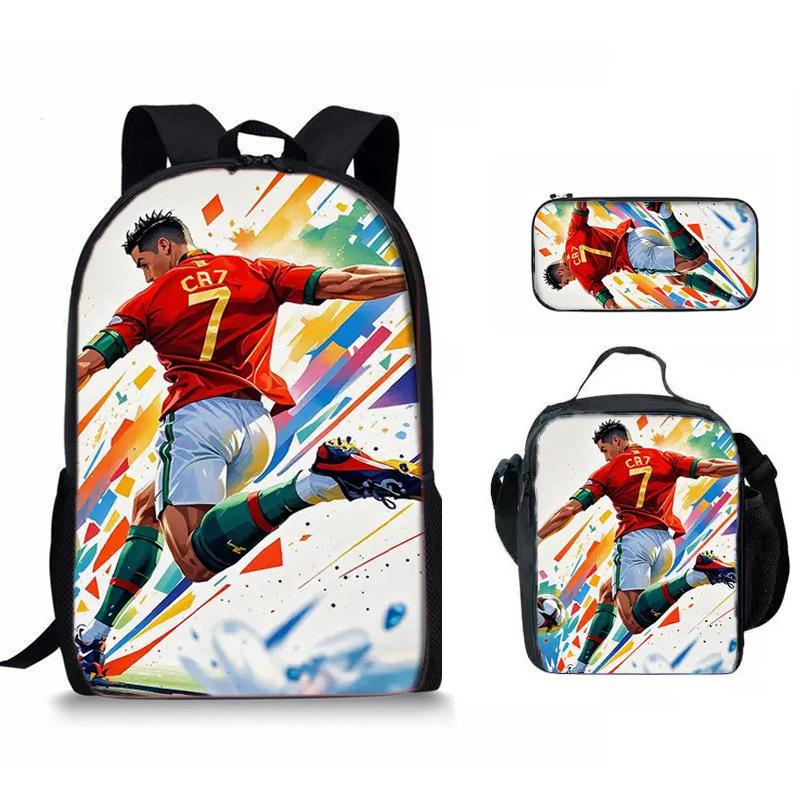 Football Player Printed Backpack Three-Piece Meal Bag Pencil Bag Student Large-Capacity Schoolbag