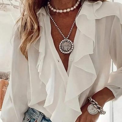 2025 New Autumn Style Splicing Temperament Ruffle Collar Button Fashion Solid Color Versatile Casual Long-sleeved Shirt
