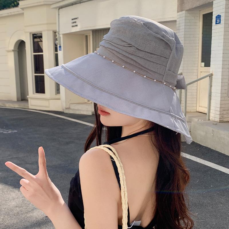 Korean Style Versatile Summer Pleated Sun Hat Pearl Chain Fisherman Hat Women Tulle Sun Hat Big Brim Trendy