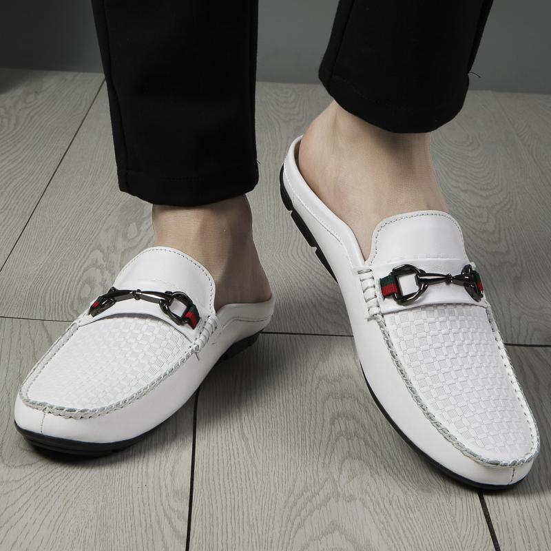 Fashion Fashion Summer Brand Half Slippers Mens Shoes Luxury Brand Man Casual Shoes Genuine Leather Breathable Slip On Half Footwear