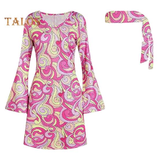 

1 комплект, женское платье, комплект с повязкой на голову, ретро с пайетками и рукавами-колокольчиками, свободный крой, с принтом, Хэллоуин, косплей, хиппи, дискотека, танцевальная вечеринка, бронзовое вечернее платье M розовый