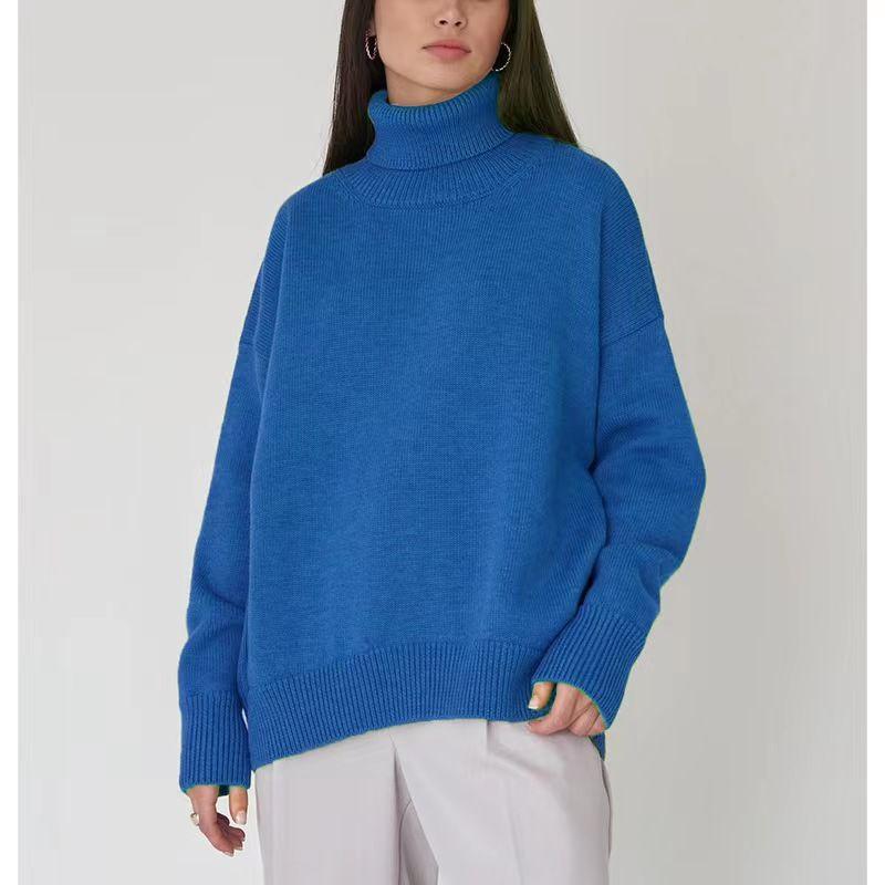New Arrival Fall and Winter Plaid Loose All-Matching Graceful Pullover Turtleneck Sweater Turtleneck Loose Sweater