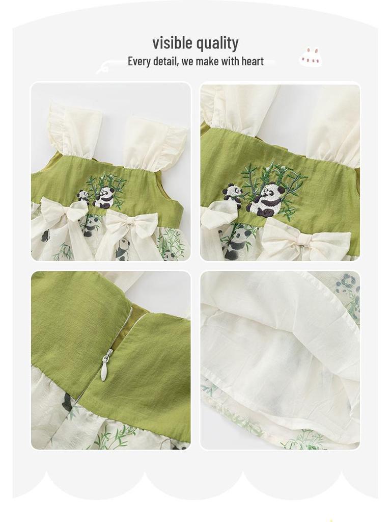 2025 Lato Sukienka na ramiączkach dla niemowląt w chińskim stylu z bufiastymi rękawami i zapięciem na żabki - Księżniczkowy design dla rocznej dziewczynki