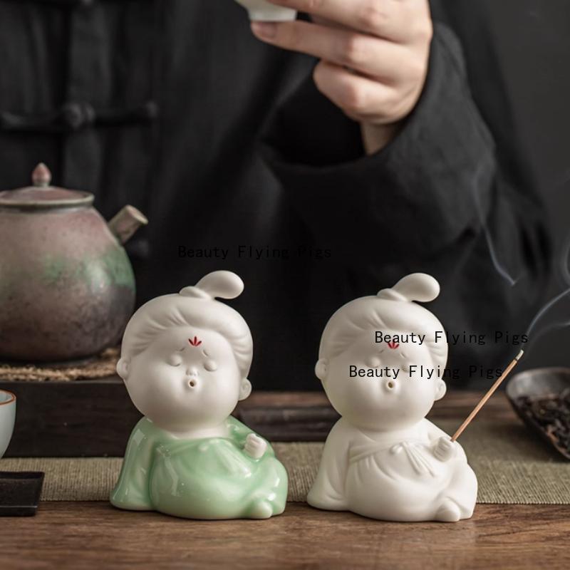 Ceramic small official women's ornaments Chinese style Home living room decoration Fragrant ornament Tea room desktop decoration