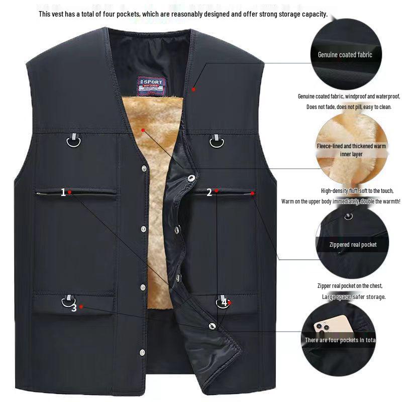 Men's Autumn/Winter Warm Velvet-Lined Waterproof Fisherman Vest, Classic Style, Multi-pocket, Comfortable & Breathable for Middle-aged & Elderly
