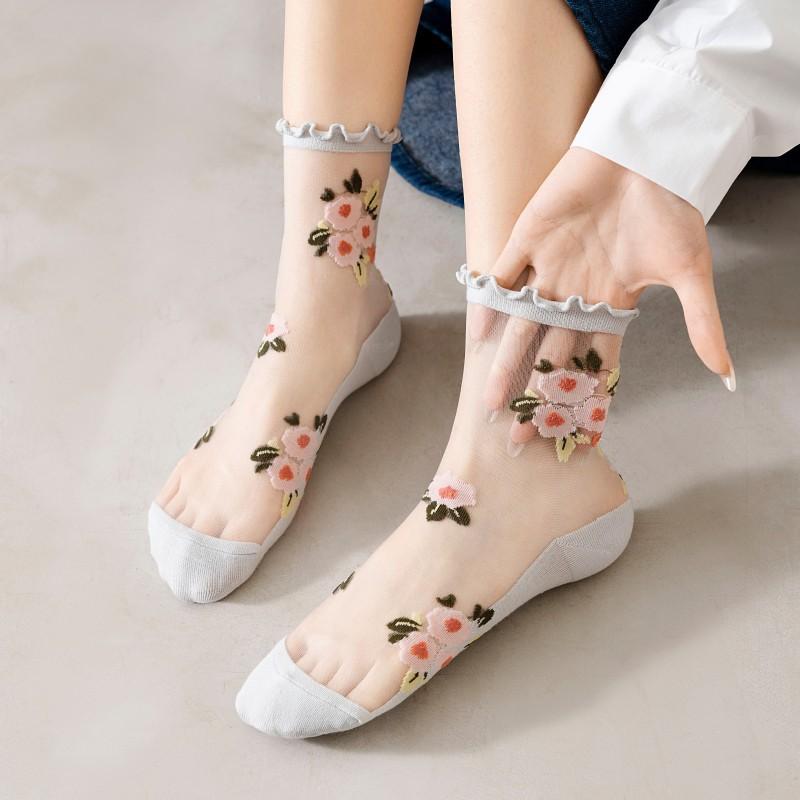 Summer Women Socks Ultra-thin Transparent Crystal Silk Socks Women Cartoon Print Japanese Kawaii Cute Funny Elastic Long Socks